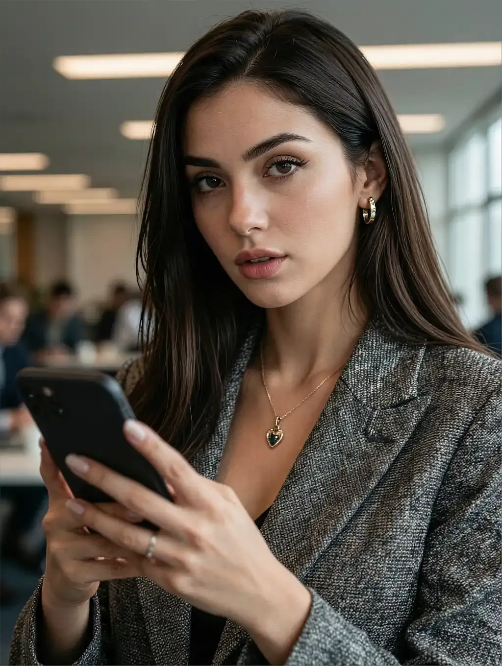 Fictional AI character featured on the fourth landing page, in a dim room