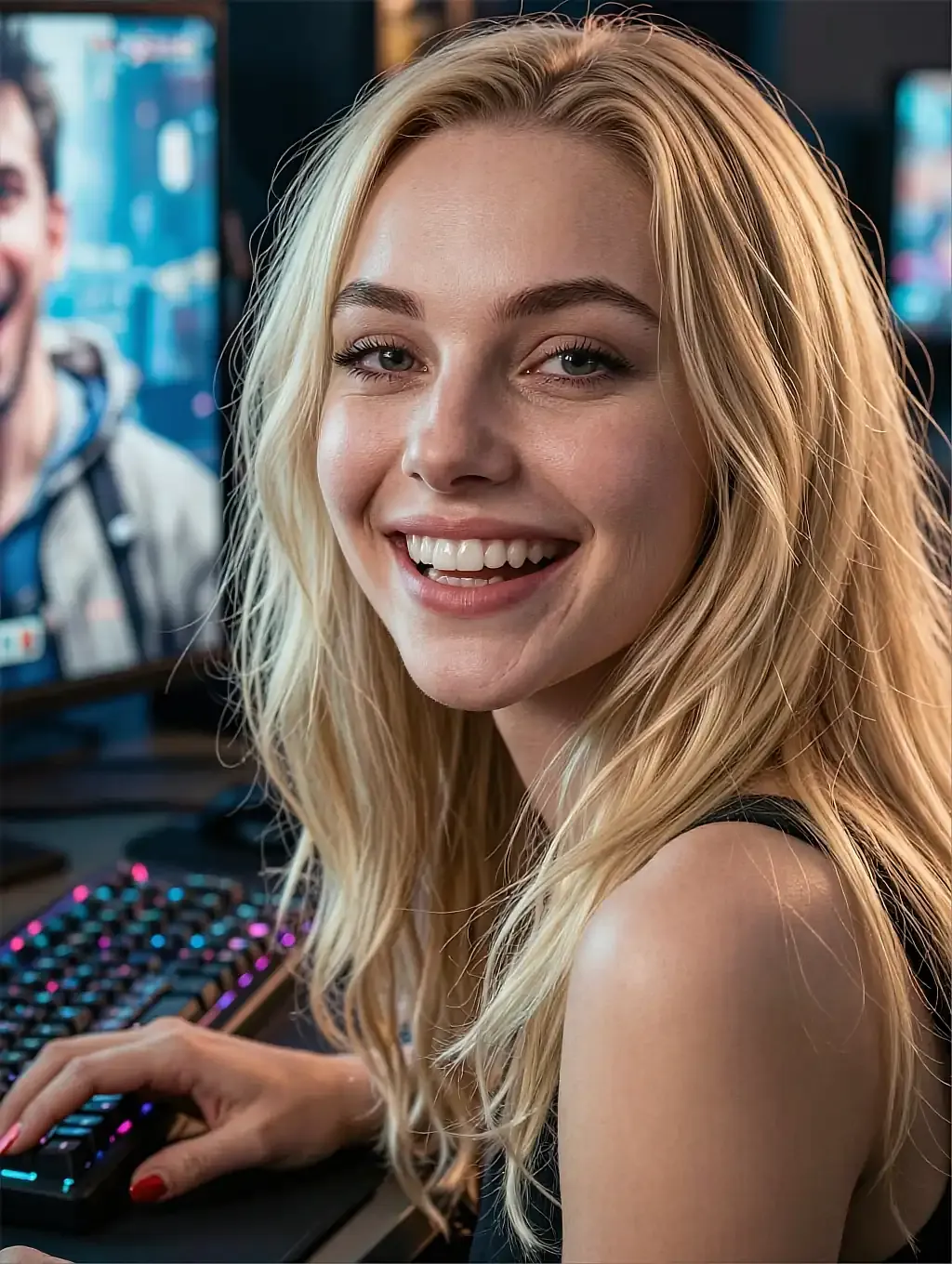 Fictional AI character featured on the seventh landing page, under street lights
